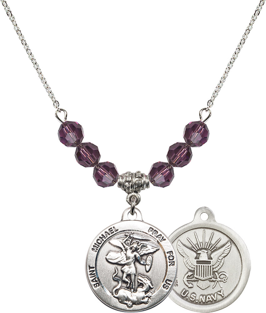 Sterling Silver Saint Michael / Navy Birthstone Necklace with Amethyst Beads - 0342