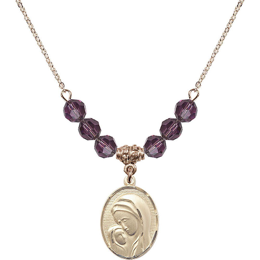 14kt Gold Filled Madonna & Child Birthstone Necklace with Amethyst Beads - 0447