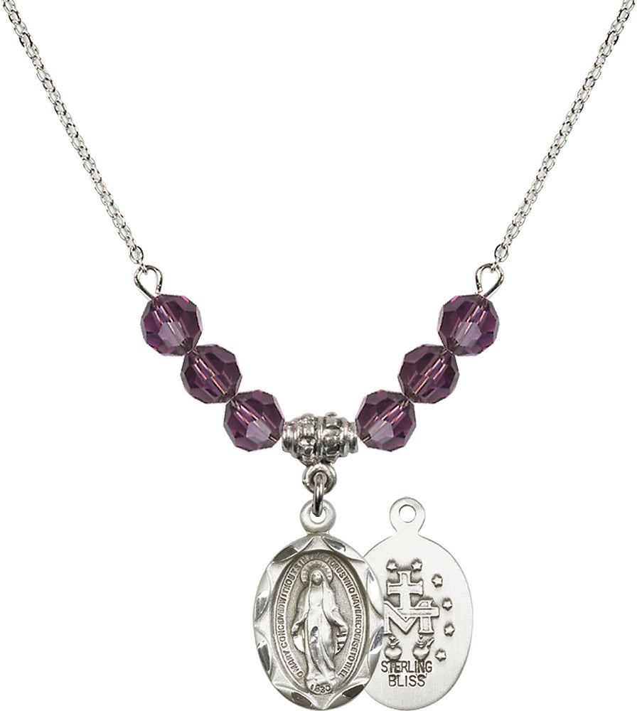 Sterling Silver Miraculous Birthstone Necklace with Amethyst Beads - 0612