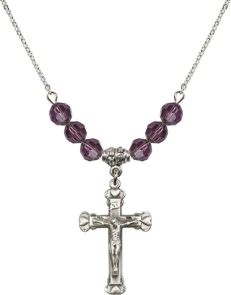Sterling Silver Crucifix Birthstone Necklace with Amethyst Beads - 0620
