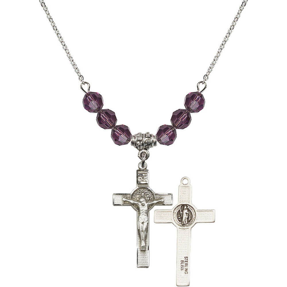 Sterling Silver Saint Benedict Crucifix Birthstone Necklace with Amethyst Beads - 0625
