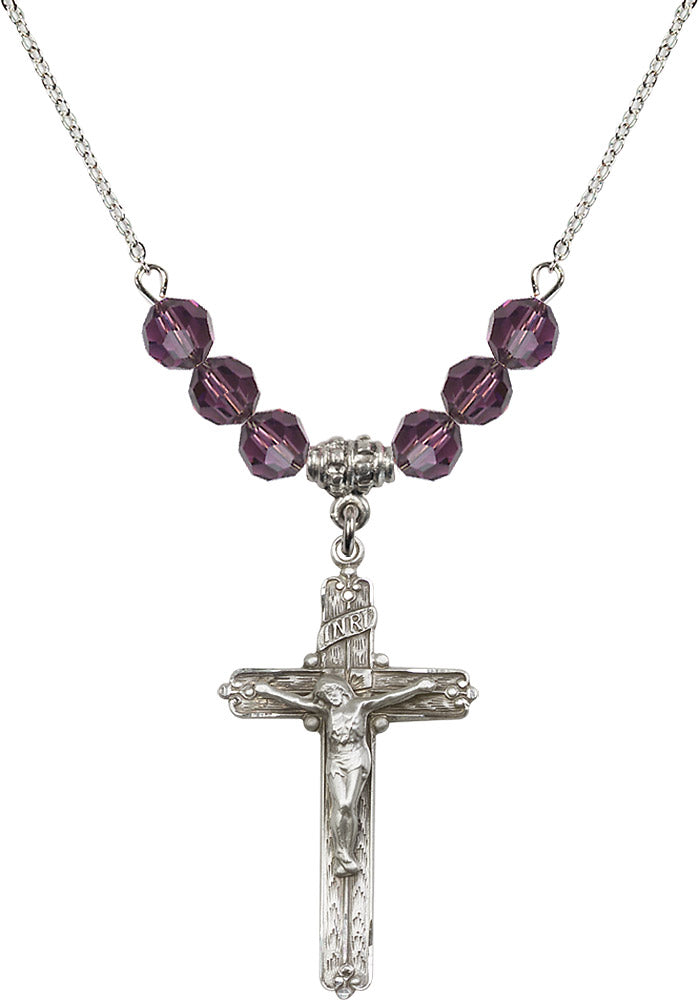 Sterling Silver Crucifix Birthstone Necklace with Amethyst Beads - 0655
