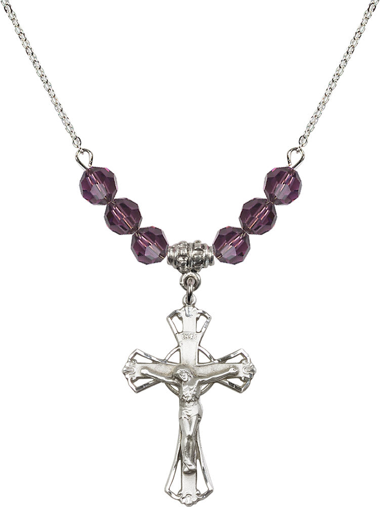 Sterling Silver Crucifix Birthstone Necklace with Amethyst Beads - 0659