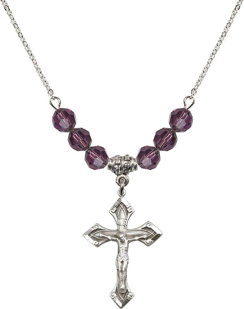 Sterling Silver Crucifix Birthstone Necklace with Amethyst Beads - 0663