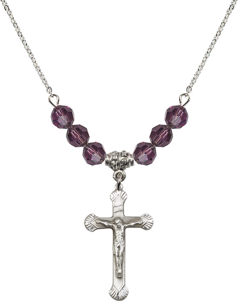 Sterling Silver Crucifix Birthstone Necklace with Amethyst Beads - 0664