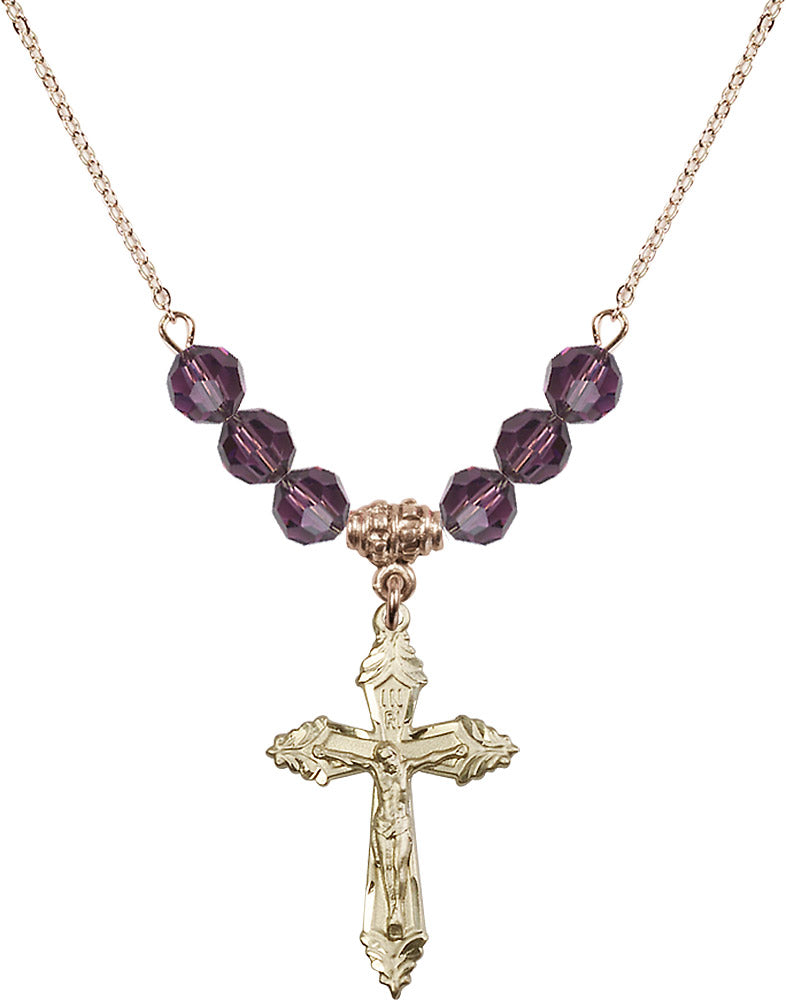14kt Gold Filled Crucifix Birthstone Necklace with Amethyst Beads - 0665