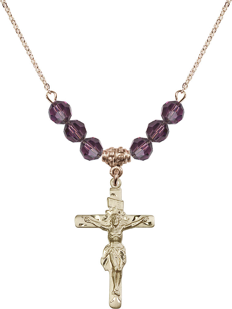 14kt Gold Filled Crucifix Birthstone Necklace with Amethyst Beads - 0668