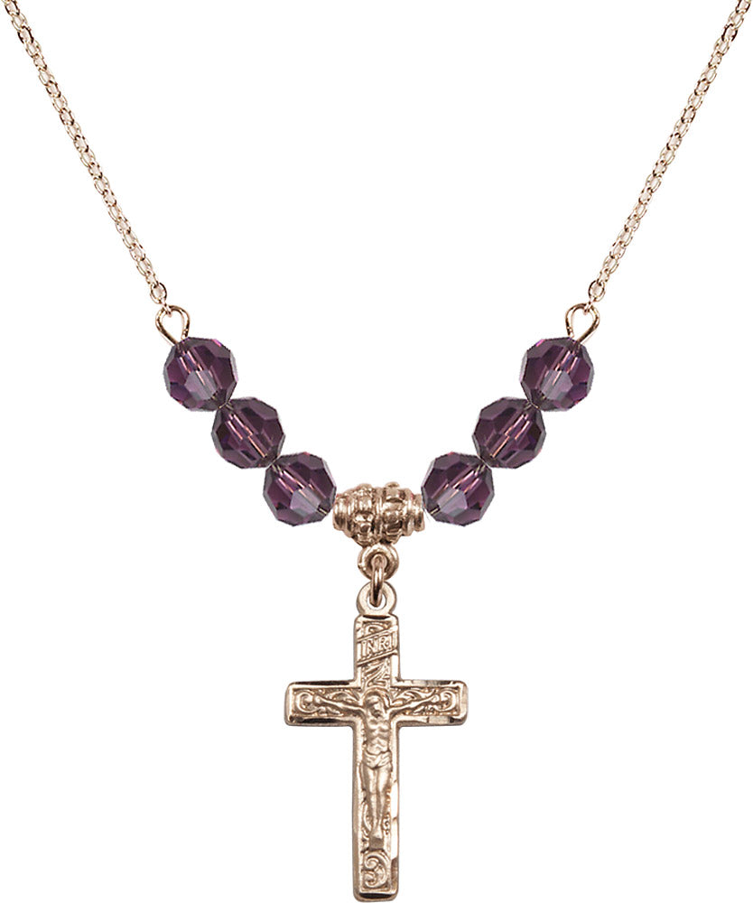 14kt Gold Filled Crucifix Birthstone Necklace with Amethyst Beads - 0673