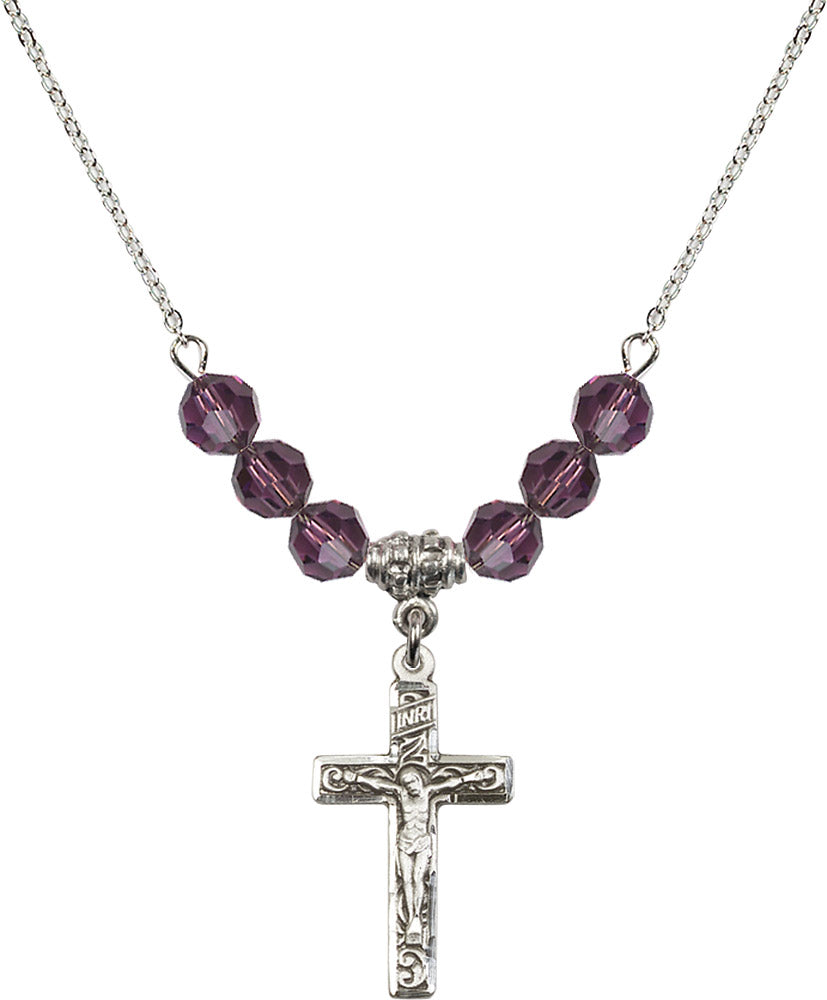 Sterling Silver Crucifix Birthstone Necklace with Amethyst Beads - 0673