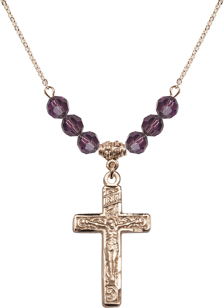 14kt Gold Filled Crucifix Birthstone Necklace with Amethyst Beads - 0674