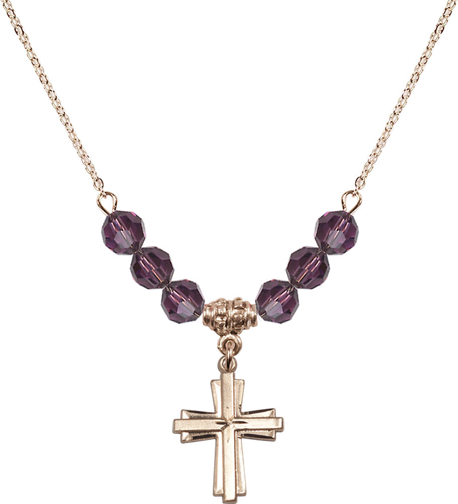 14kt Gold Filled Cross Birthstone Necklace with Amethyst Beads - 0675