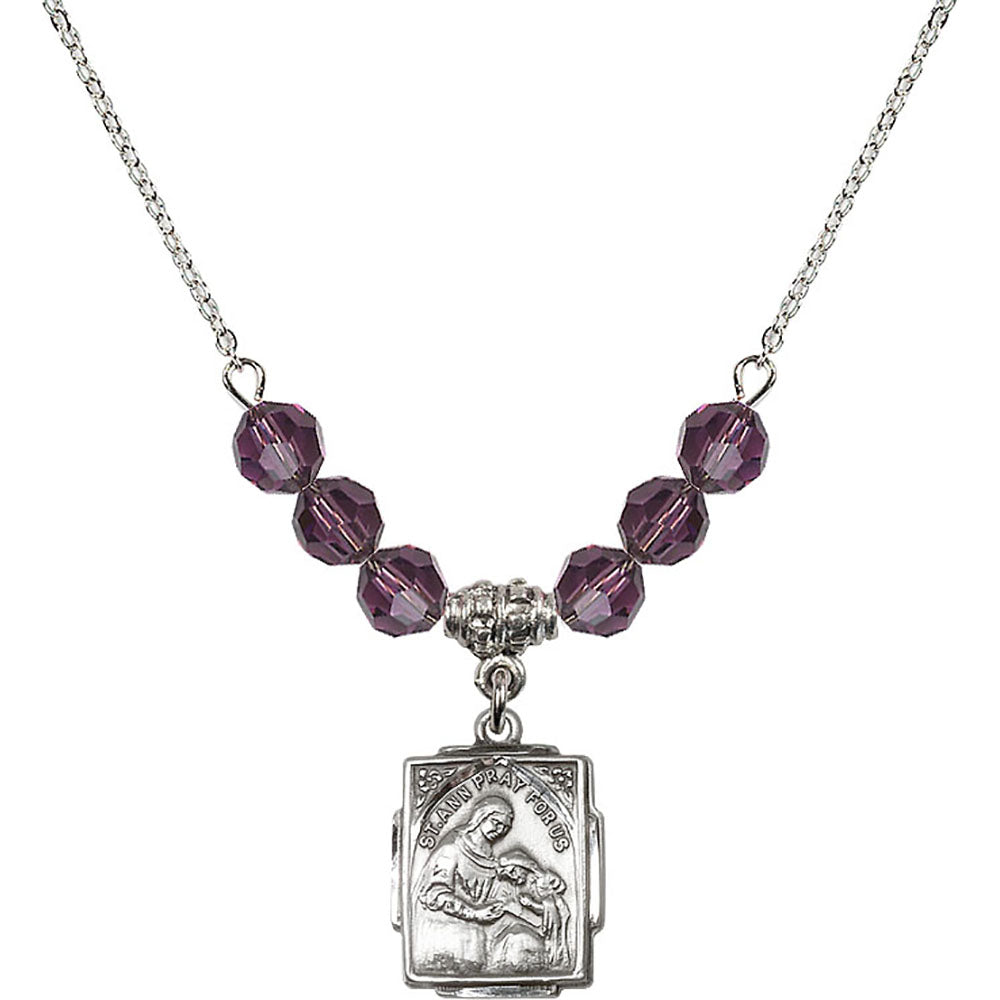 Sterling Silver Saint Ann Birthstone Necklace with Amethyst Beads - 0804