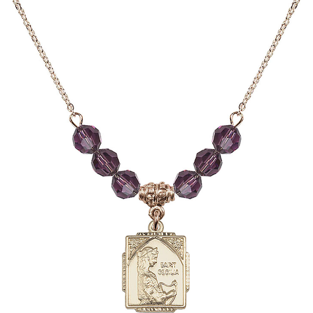 14kt Gold Filled Saint Cecilia Birthstone Necklace with Amethyst Beads - 0804