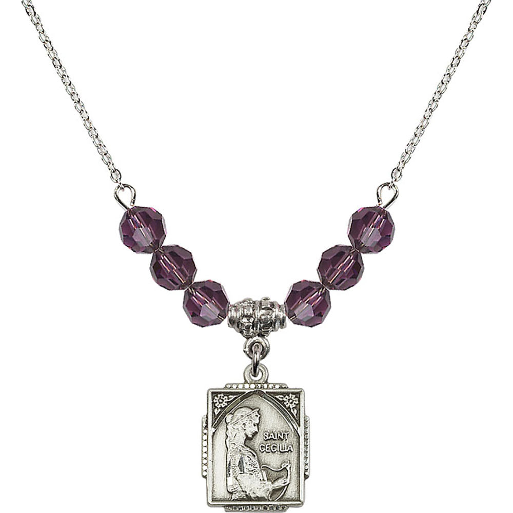 Sterling Silver Saint Cecilia Birthstone Necklace with Amethyst Beads - 0804