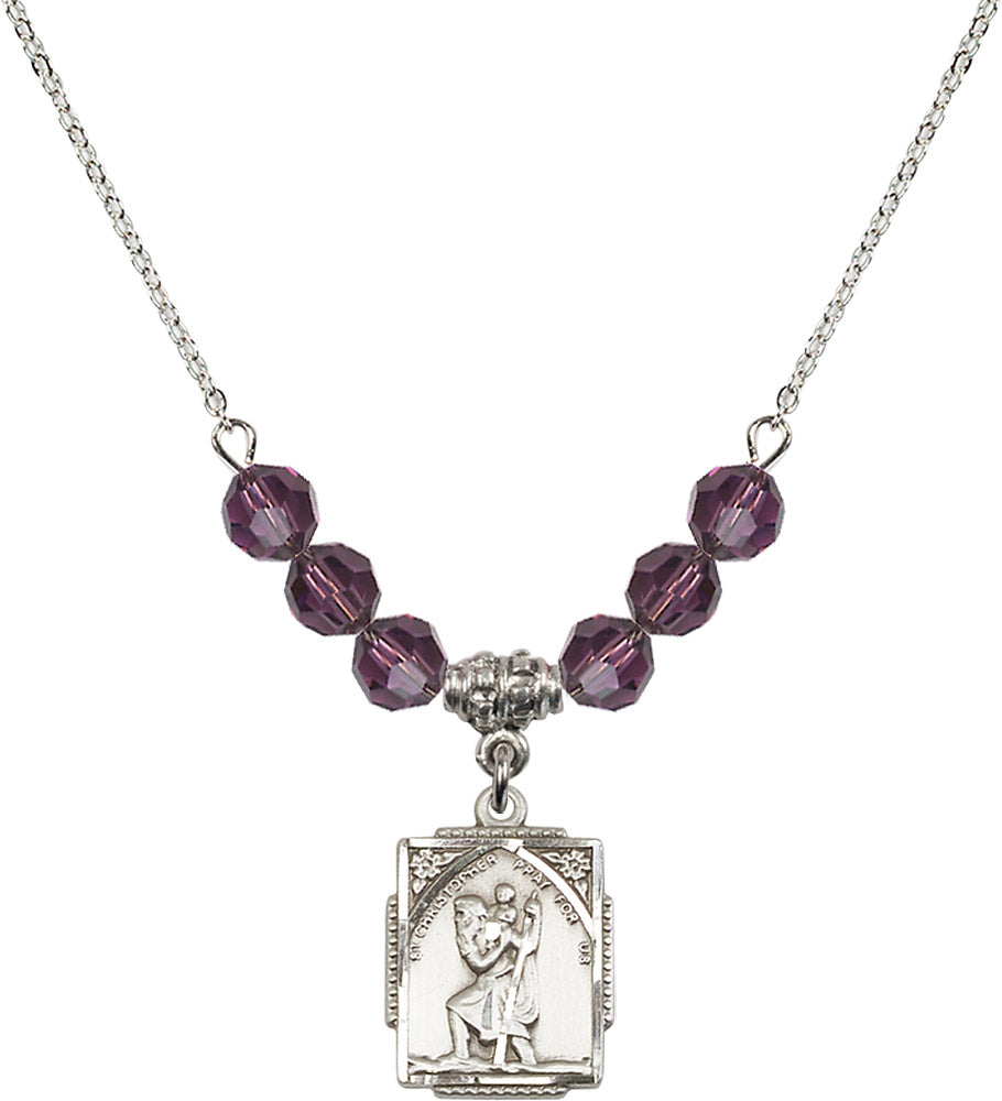 Sterling Silver Saint Christopher Birthstone Necklace with Amethyst Beads - 0804