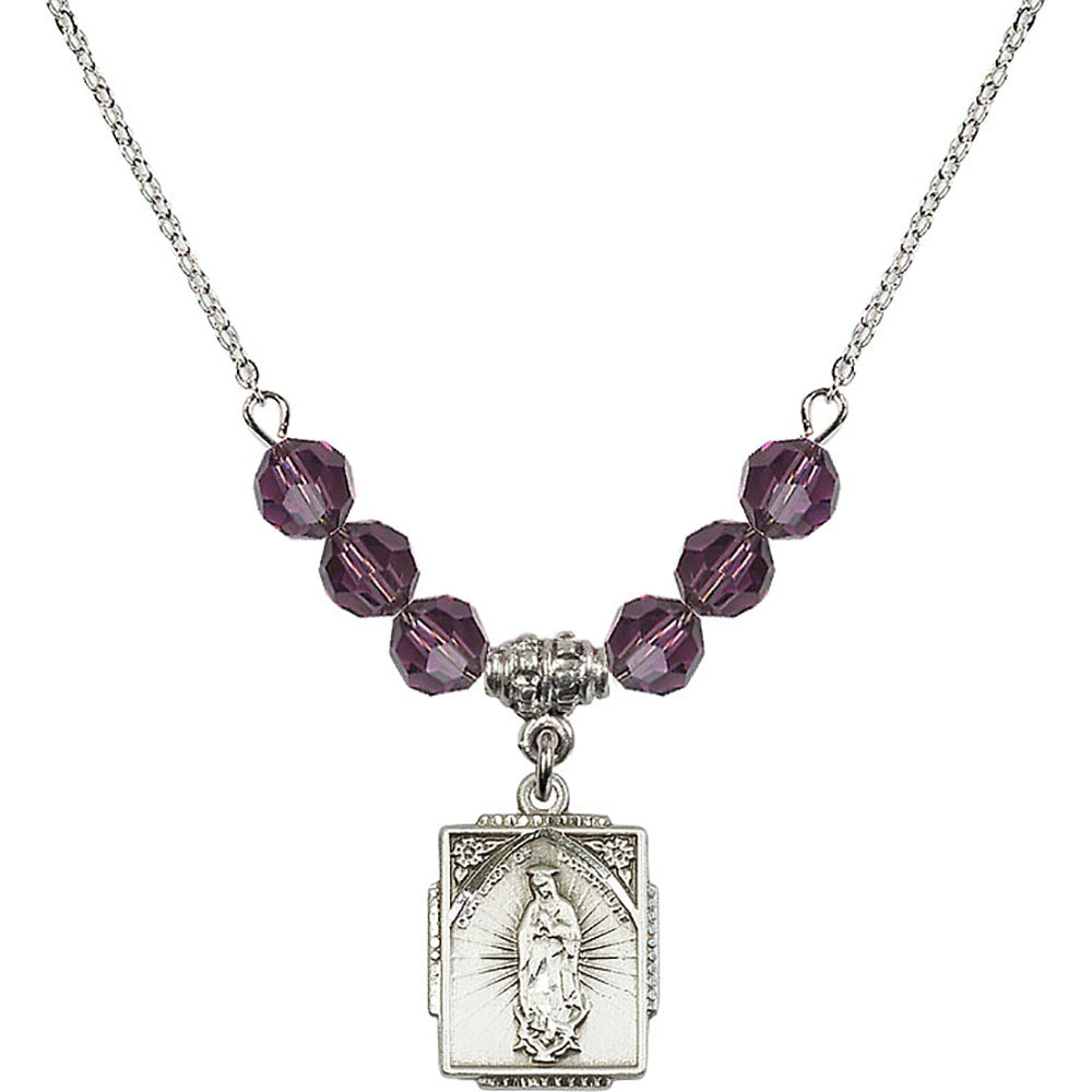 Sterling Silver Our Lady of Guadalupe Birthstone Necklace with Amethyst Beads - 0804