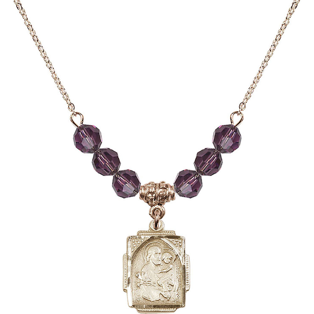 14kt Gold Filled Saint Joseph Birthstone Necklace with Amethyst Beads - 0804