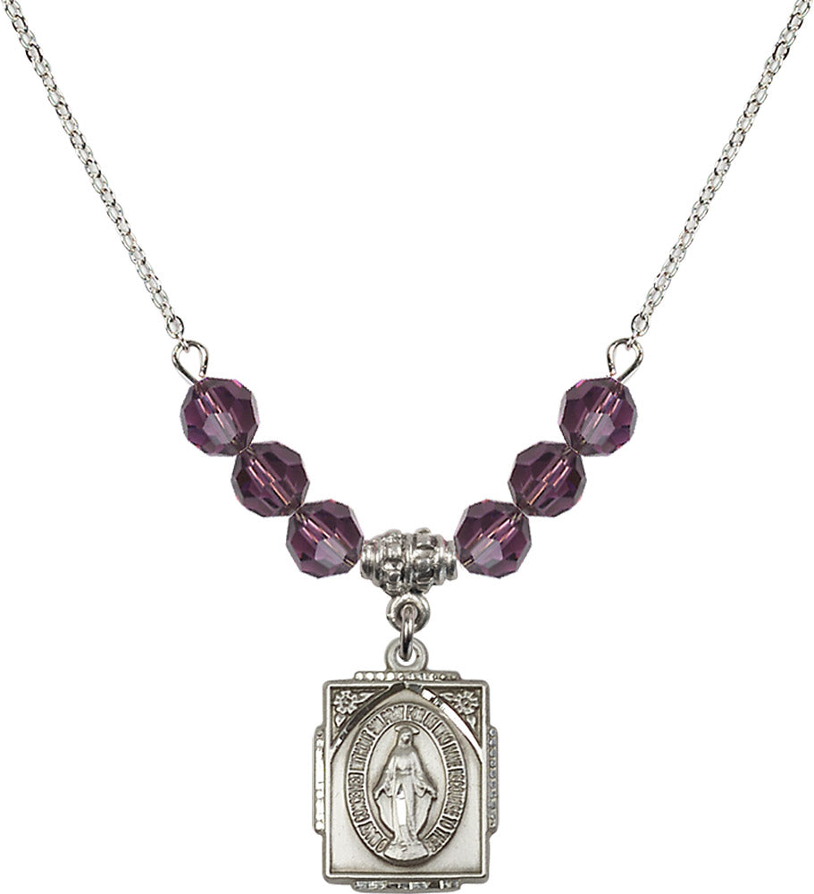 Sterling Silver Miraculous Birthstone Necklace with Amethyst Beads - 0804