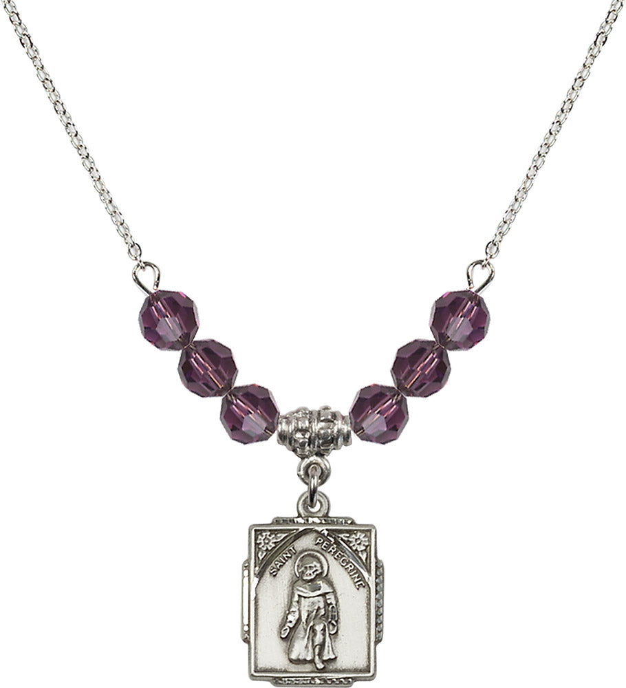 Sterling Silver Saint Peregrine Birthstone Necklace with Amethyst Beads - 0804