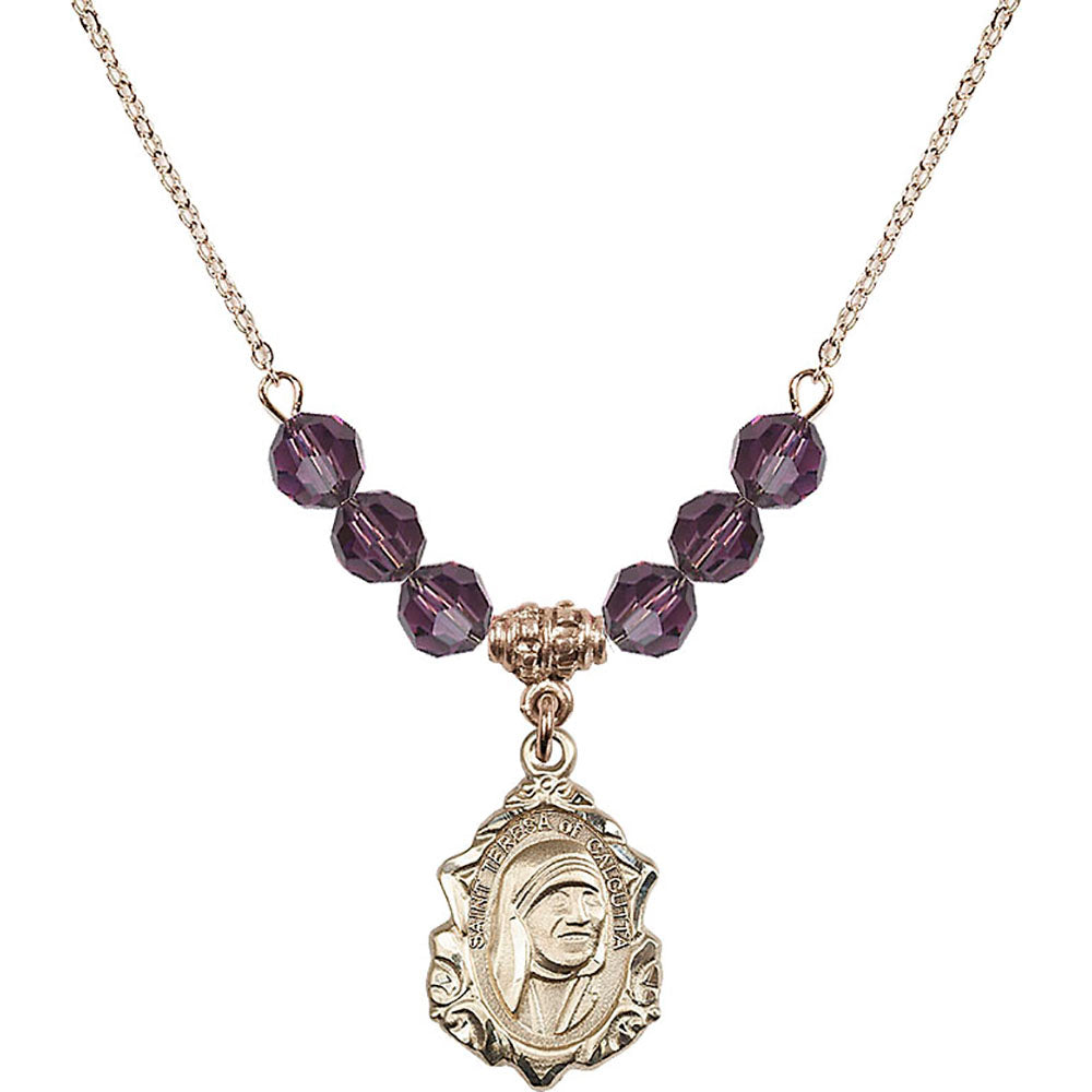 14kt Gold Filled Saint Teresa of Calcutta Birthstone Necklace with Amethyst Beads - 0812