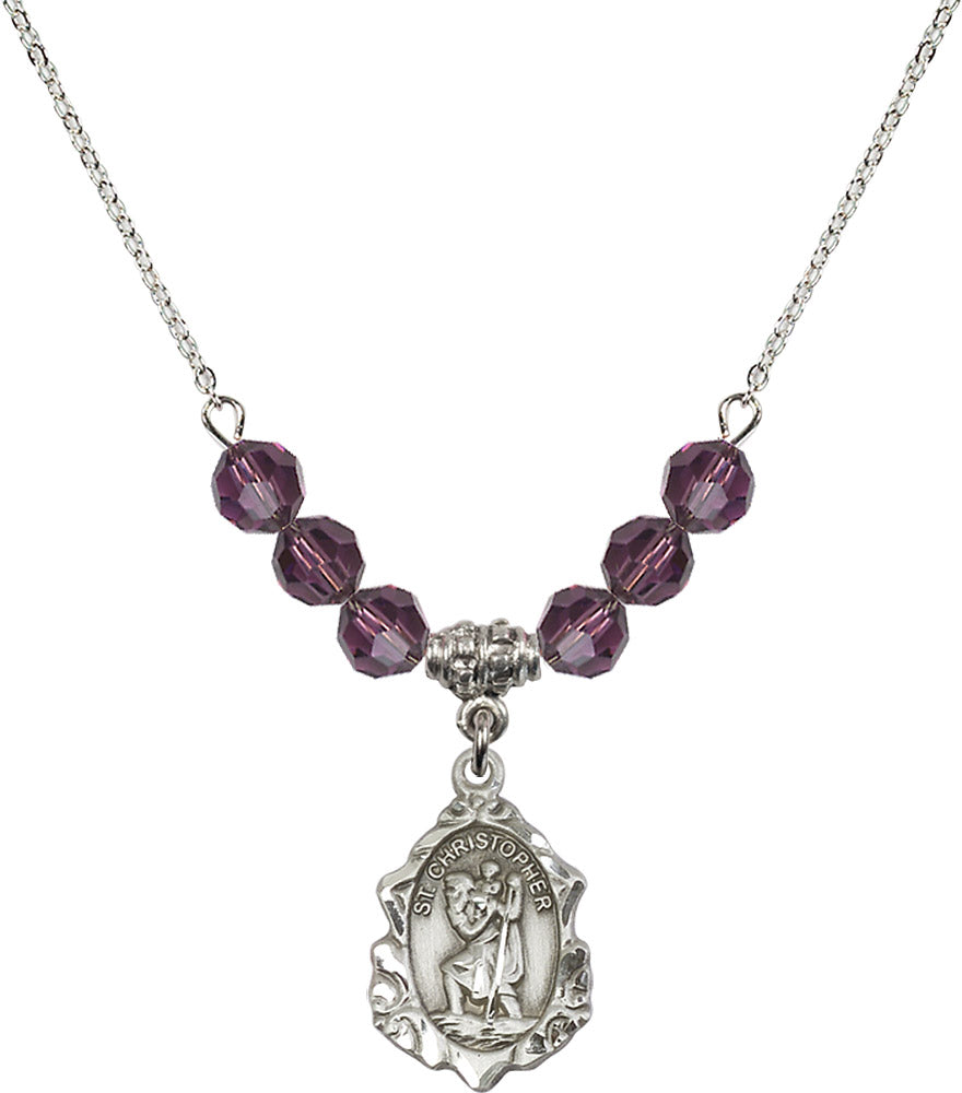 Sterling Silver Saint Christopher Birthstone Necklace with Amethyst Beads - 0822