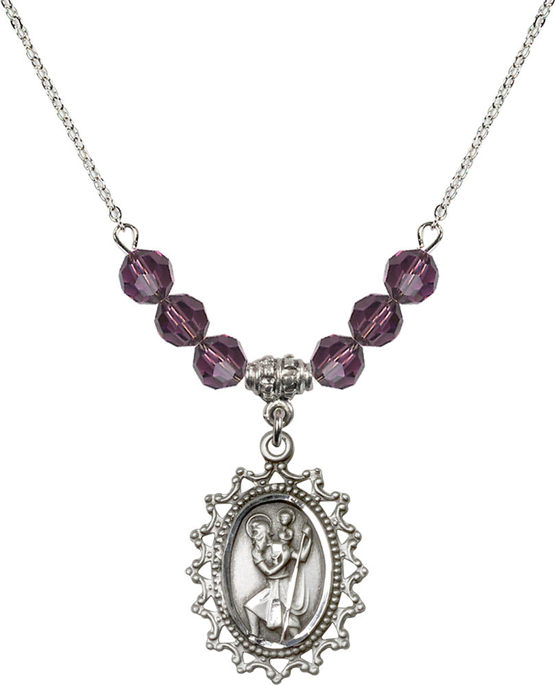 Sterling Silver Saint Christopher Birthstone Necklace with Amethyst Beads - 1619