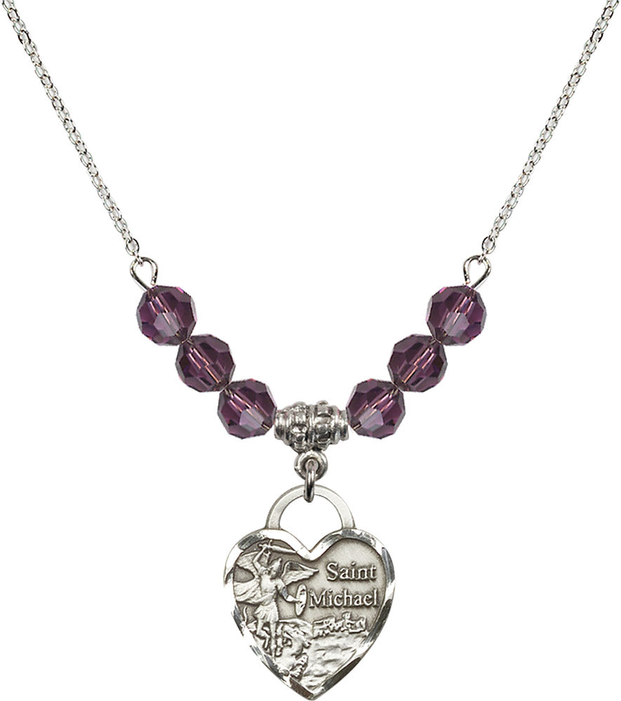 Sterling Silver Saint Michael the Archangel Birthstone Necklace with Amethyst Beads - 3203