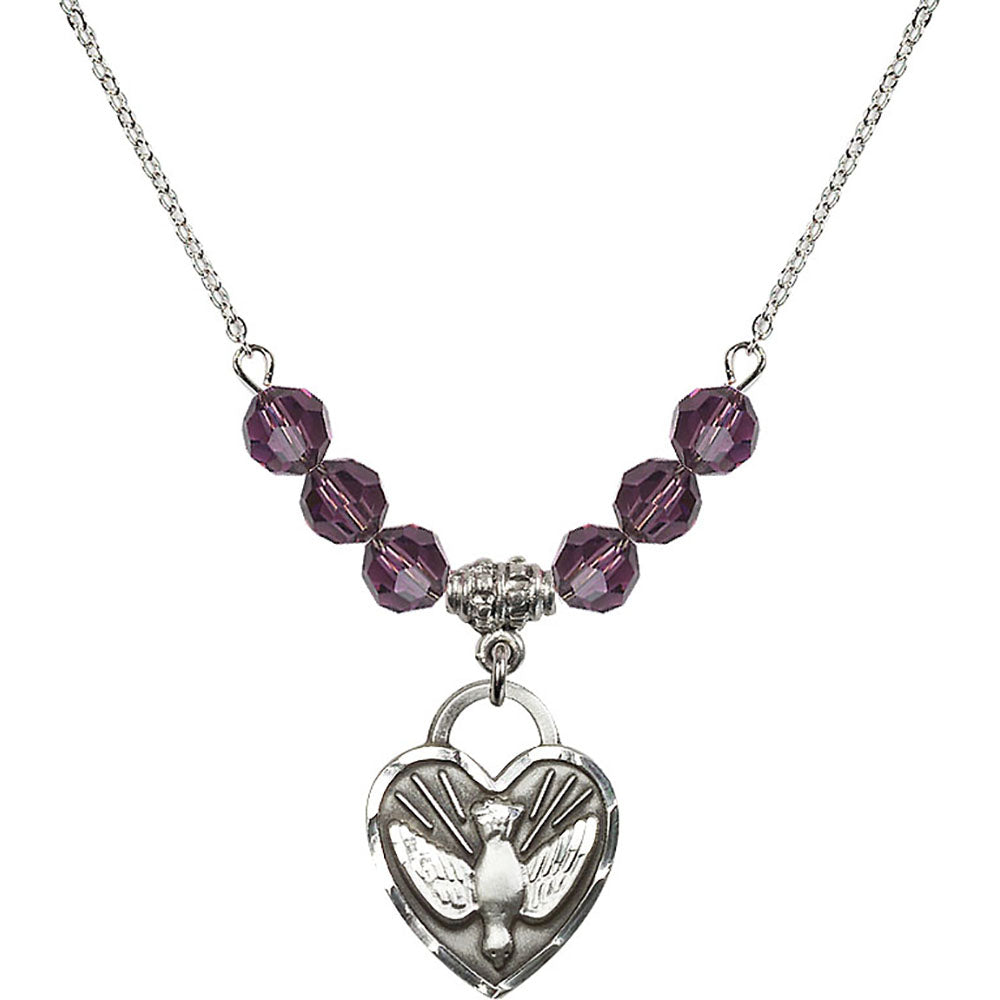 Sterling Silver Confirmation Heart Birthstone Necklace with Amethyst Beads - 3205
