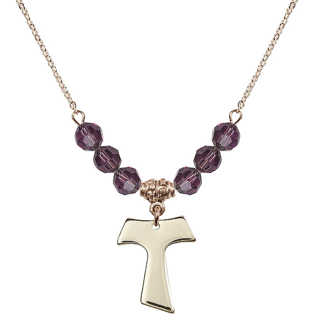 14kt Gold Filled Tau Cross Birthstone Necklace with Amethyst Beads - 3948