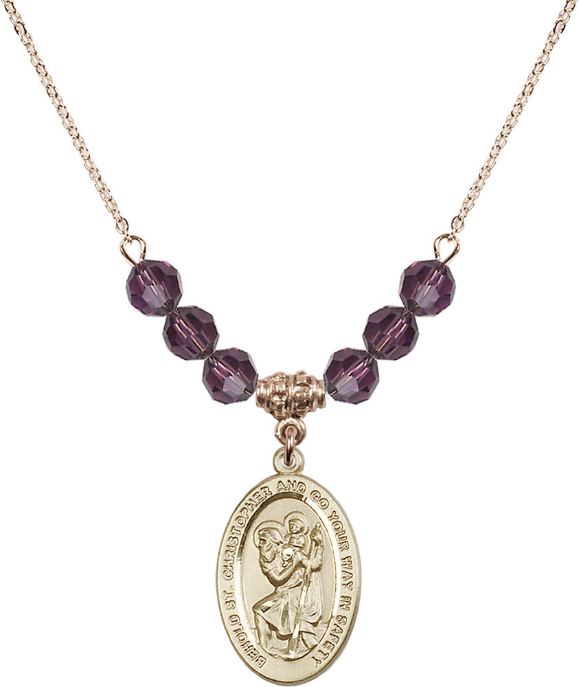 14kt Gold Filled Saint Christopher Birthstone Necklace with Amethyst Beads - 4123