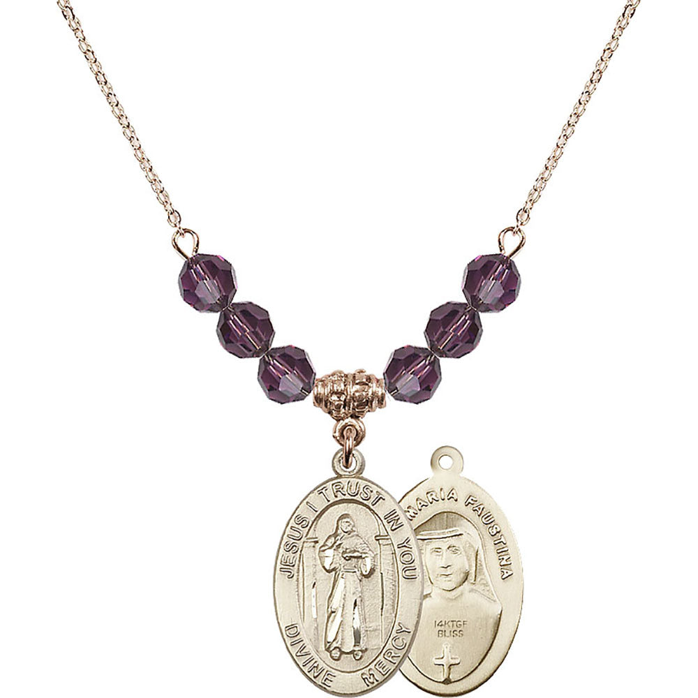 14kt Gold Filled Divine Mercy Birthstone Necklace with Amethyst Beads - 4123