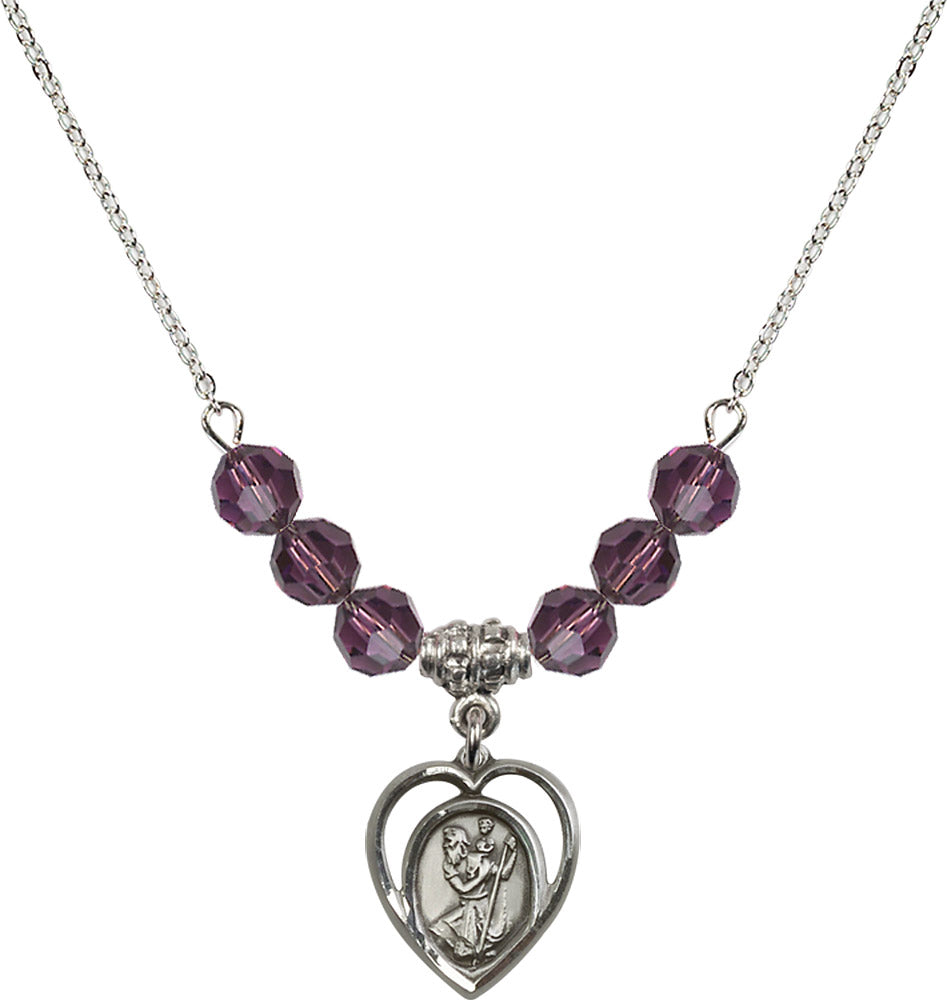 Sterling Silver Saint Christopher Birthstone Necklace with Amethyst Beads - 4127