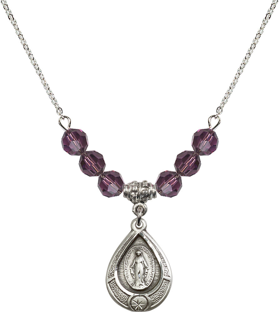 Sterling Silver Miraculous Birthstone Necklace with Amethyst Beads - 4144