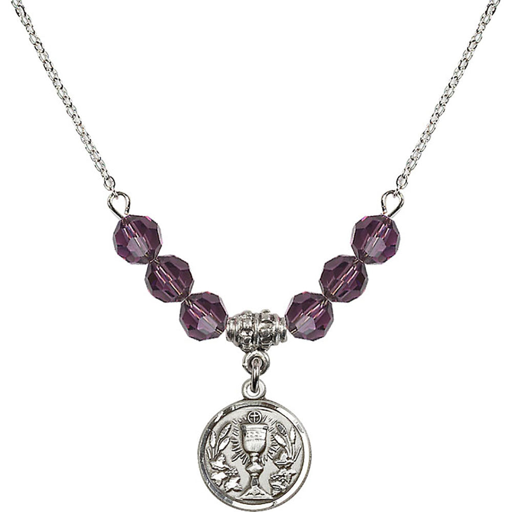 Sterling Silver Communion Chalice Birthstone Necklace with Amethyst Beads - 4203