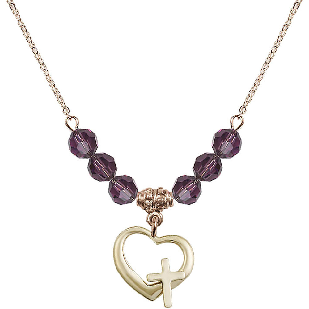 14kt Gold Filled Heart / Cross Birthstone Necklace with Amethyst Beads - 4207