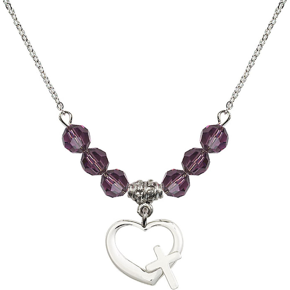 Sterling Silver Heart / Cross Birthstone Necklace with Amethyst Beads - 4207