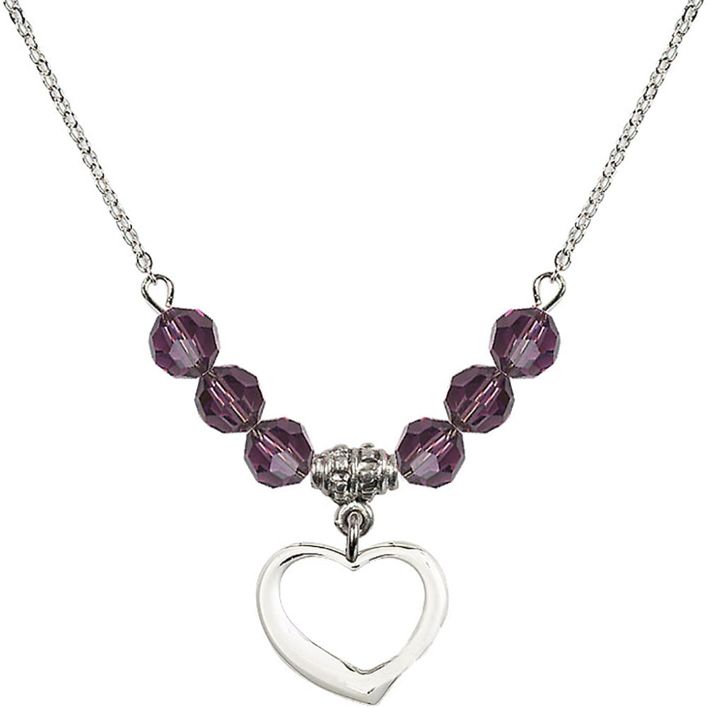 Sterling Silver Heart Birthstone Necklace with Amethyst Beads - 4208