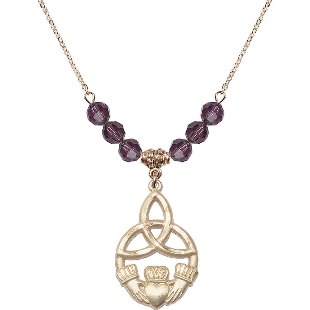 14kt Gold Filled Irish Knot / Claddagh Birthstone Necklace with Amethyst Beads - 5102