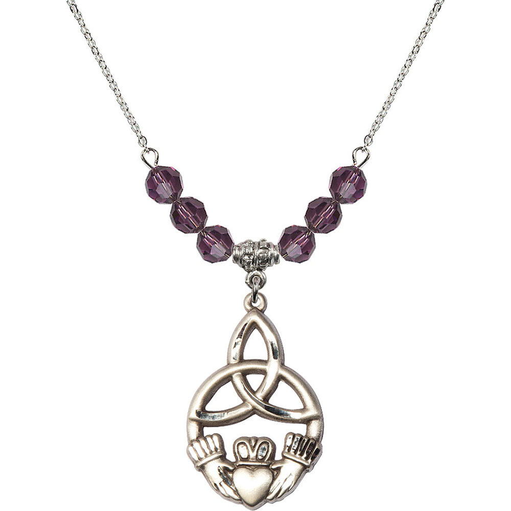 Sterling Silver Irish Knot / Claddagh Birthstone Necklace with Amethyst Beads - 5102
