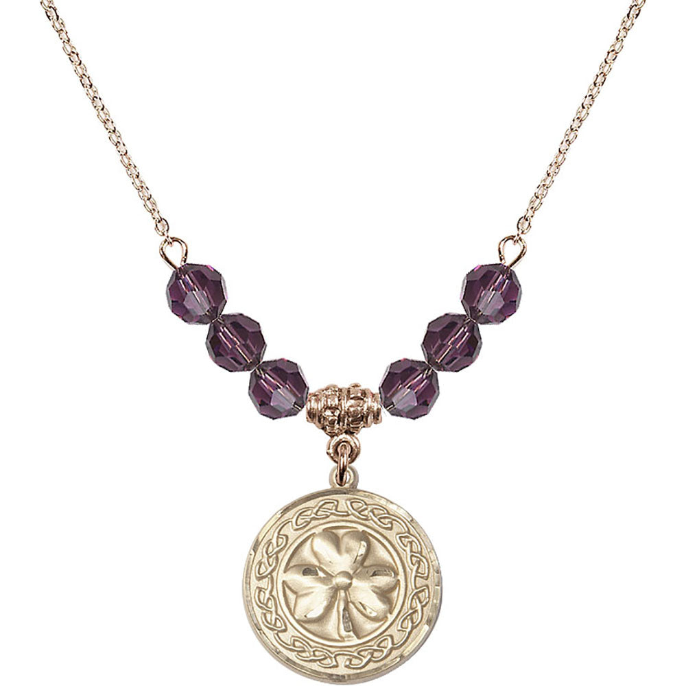 14kt Gold Filled Shamrock w/ Celtic Border Birthstone Necklace with Amethyst Beads - 5106
