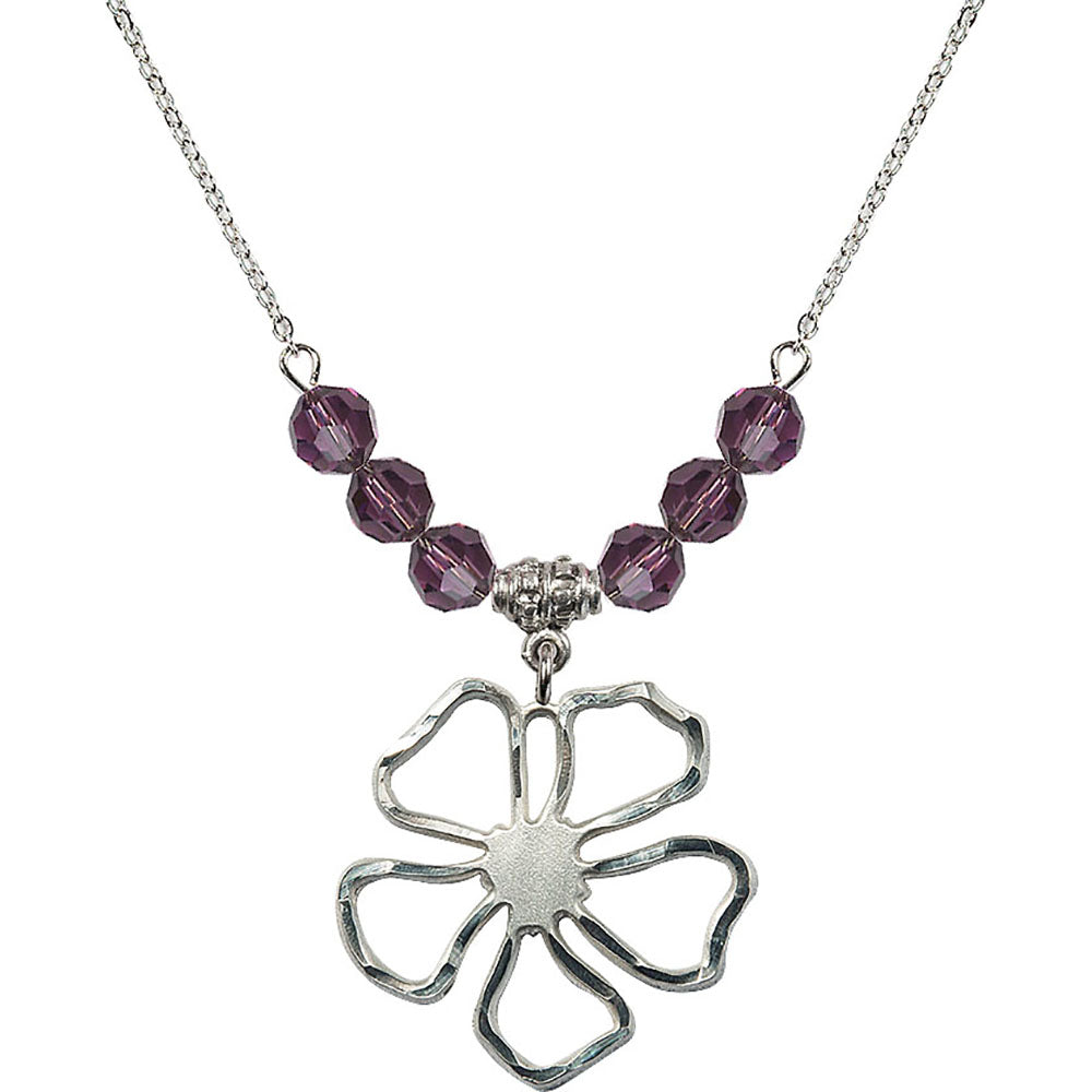 Sterling Silver Five Pedal Flower Birthstone Necklace with Amethyst Beads - 5109