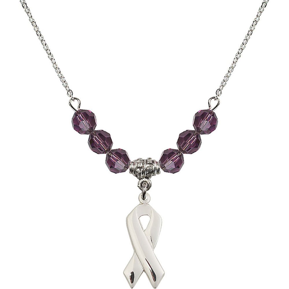 Sterling Silver Cancer Awareness Birthstone Necklace with Amethyst Beads - 5150