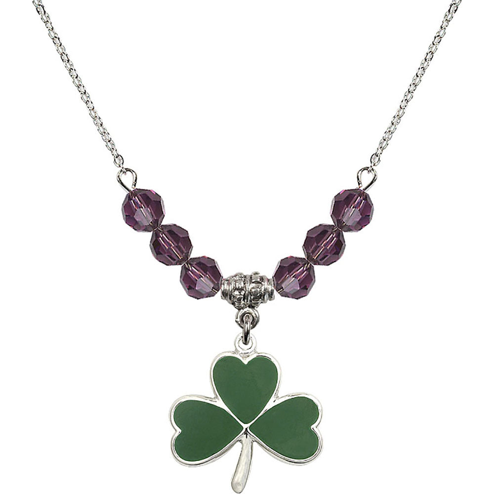 Sterling Silver Shamrock Birthstone Necklace with Amethyst Beads - 5248