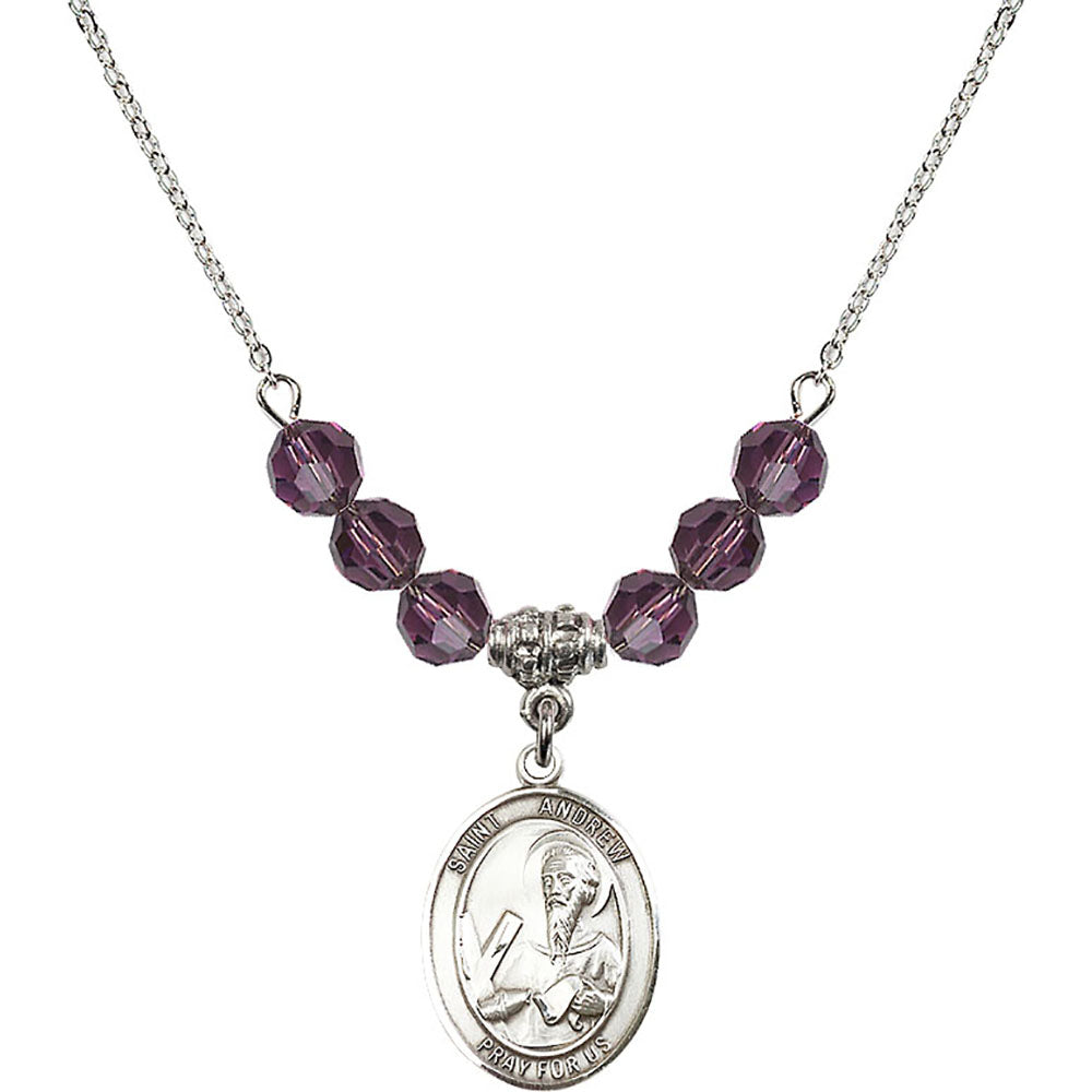 Sterling Silver Saint Andrew the Apostle Birthstone Necklace with Amethyst Beads - 8000