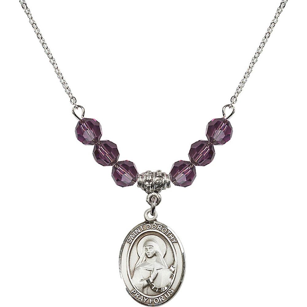 Sterling Silver Saint Dorothy Birthstone Necklace with Amethyst Beads - 8023