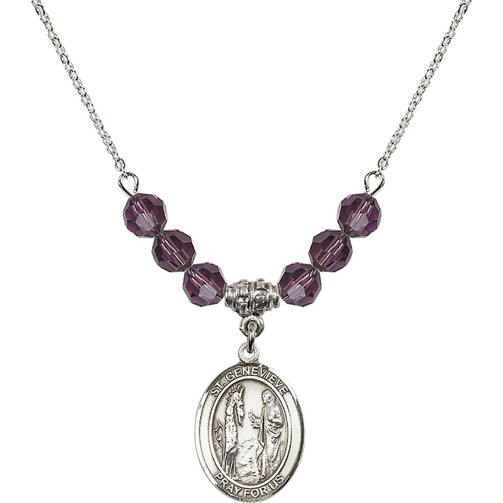 Sterling Silver Saint Genevieve Birthstone Necklace with Amethyst Beads - 8041