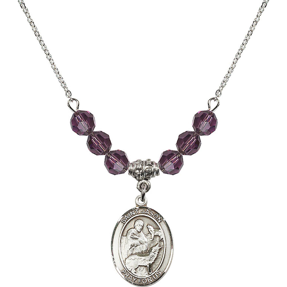 Sterling Silver Saint Jason Birthstone Necklace with Amethyst Beads - 8051