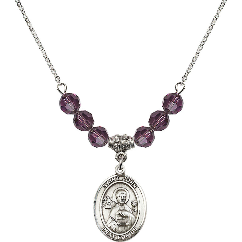 Sterling Silver Saint John the Apostle Birthstone Necklace with Amethyst Beads - 8056