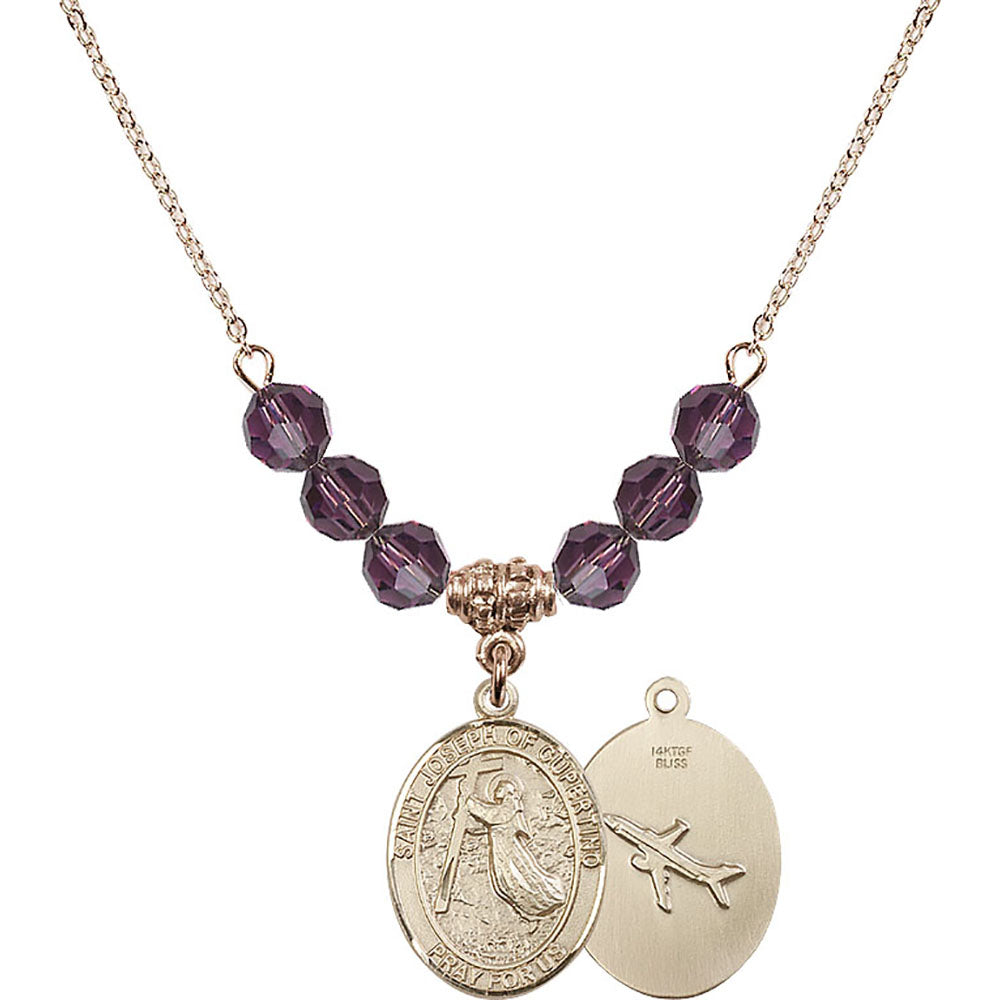 14kt Gold Filled Saint Joseph of Cupertino Birthstone Necklace with Amethyst Beads - 8057