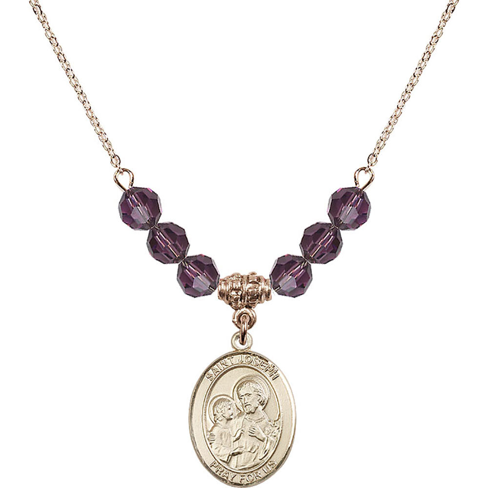 14kt Gold Filled Saint Joseph Birthstone Necklace with Amethyst Beads - 8058